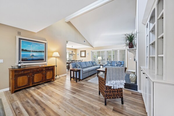 Televisión, chimenea y libros 