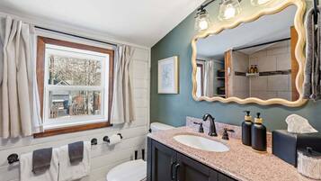 Combined shower/tub, hair dryer, towels