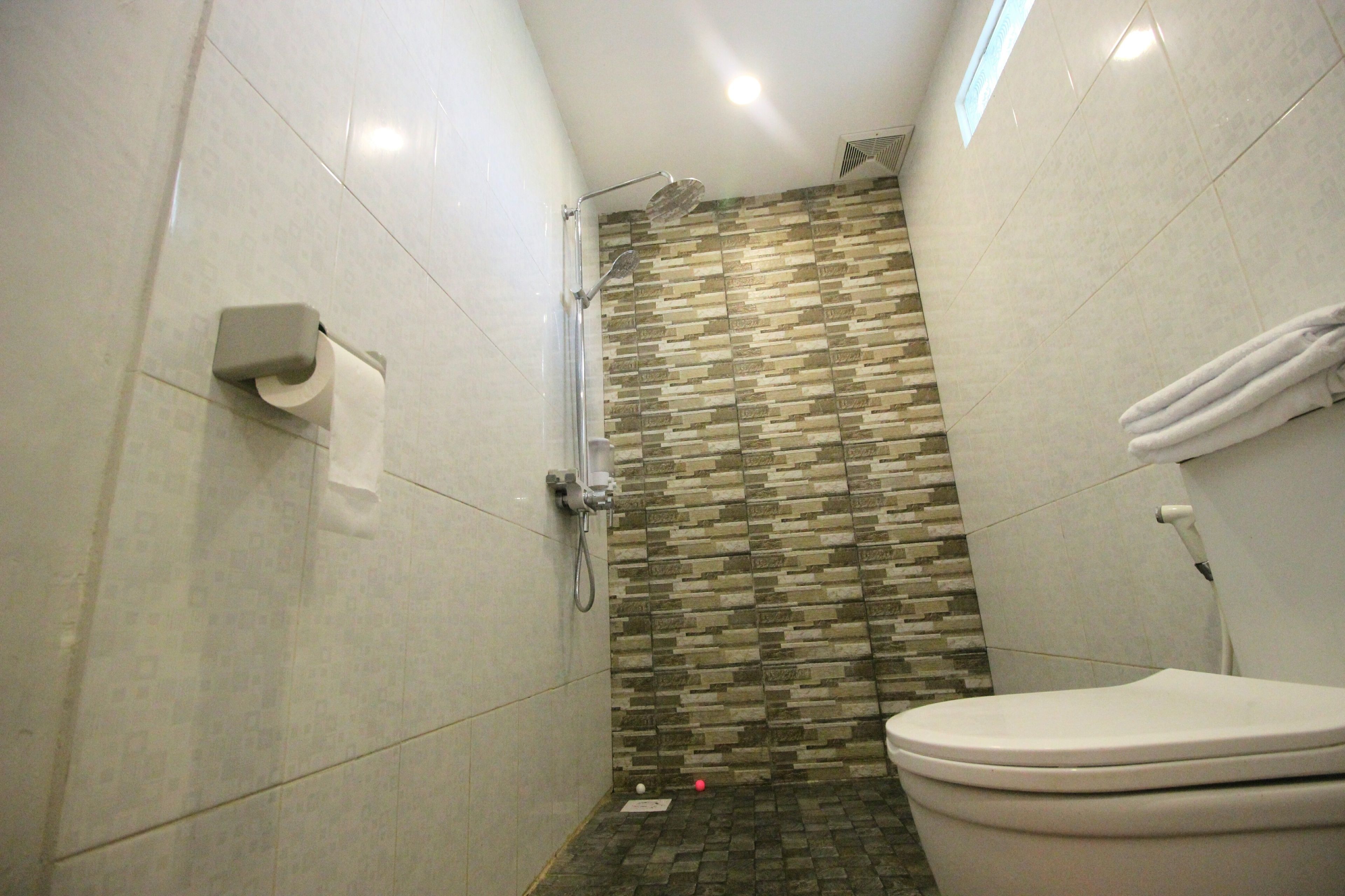 Baño con ducha, inodoro y toallero.