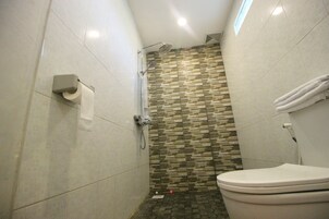 Baño con ducha, inodoro y toallero.