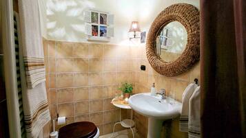 Ein Badezimmer mit Toilette, Waschbecken und Spiegel.