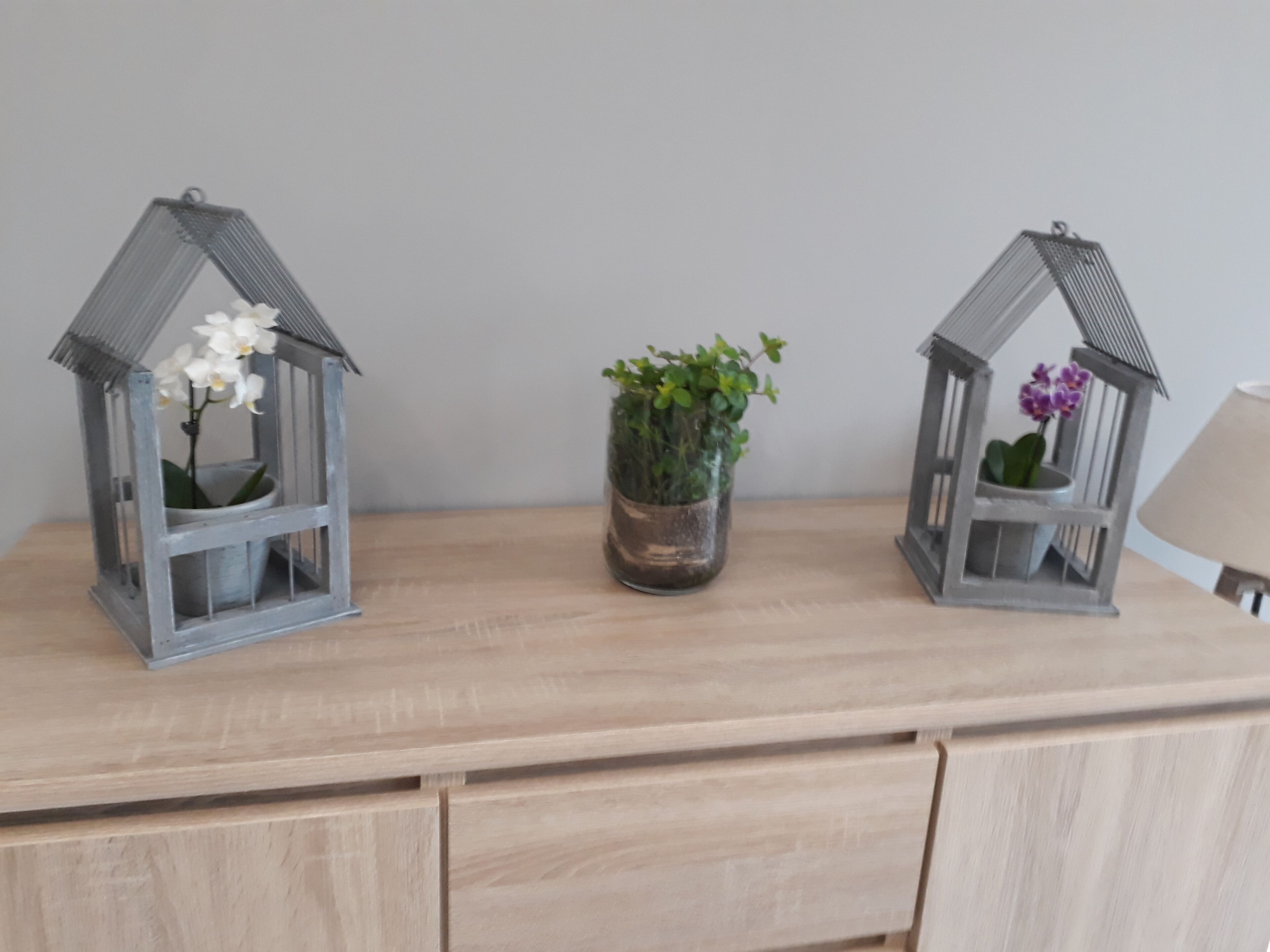 A wooden dresser with three decorative lanterns, each containing a plant and an orchid.