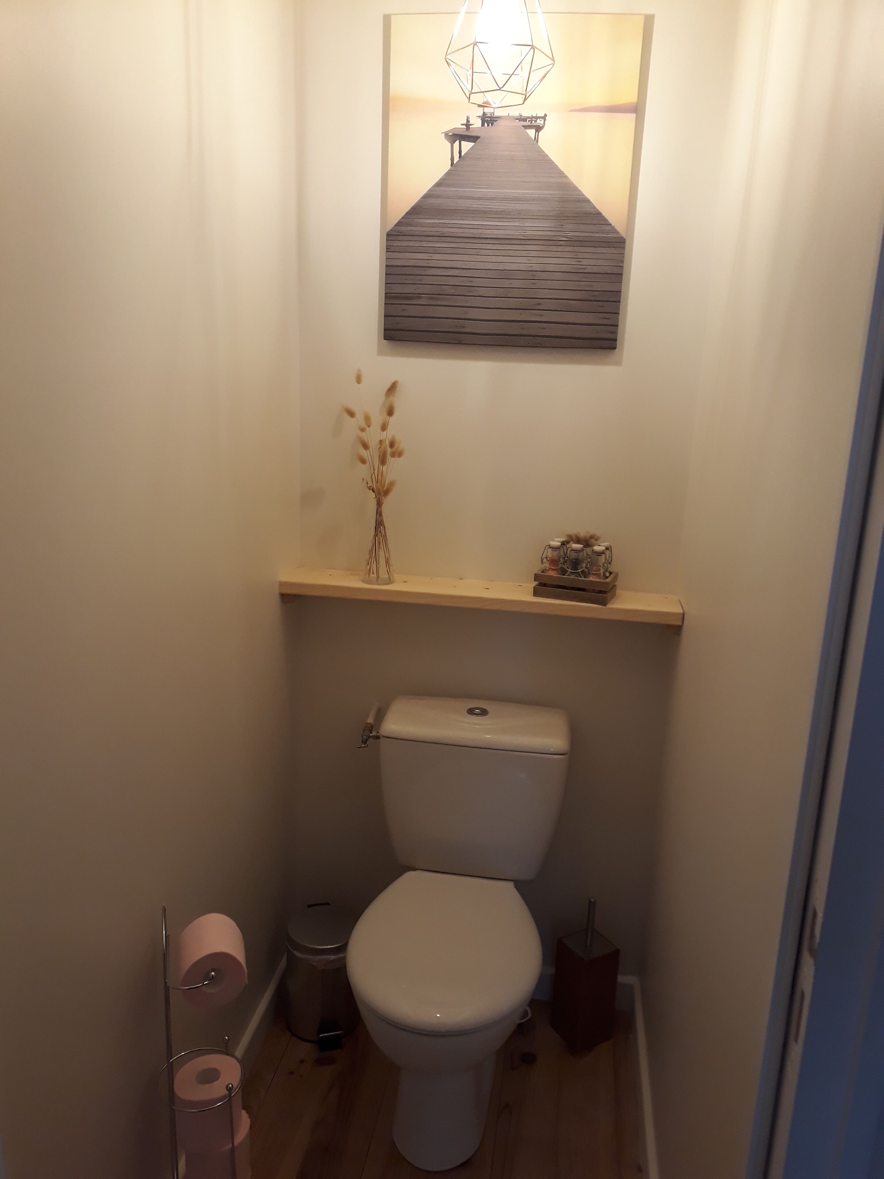Een kleine badkamer met een toilet, een plankje met een vaas en een hanglamp.