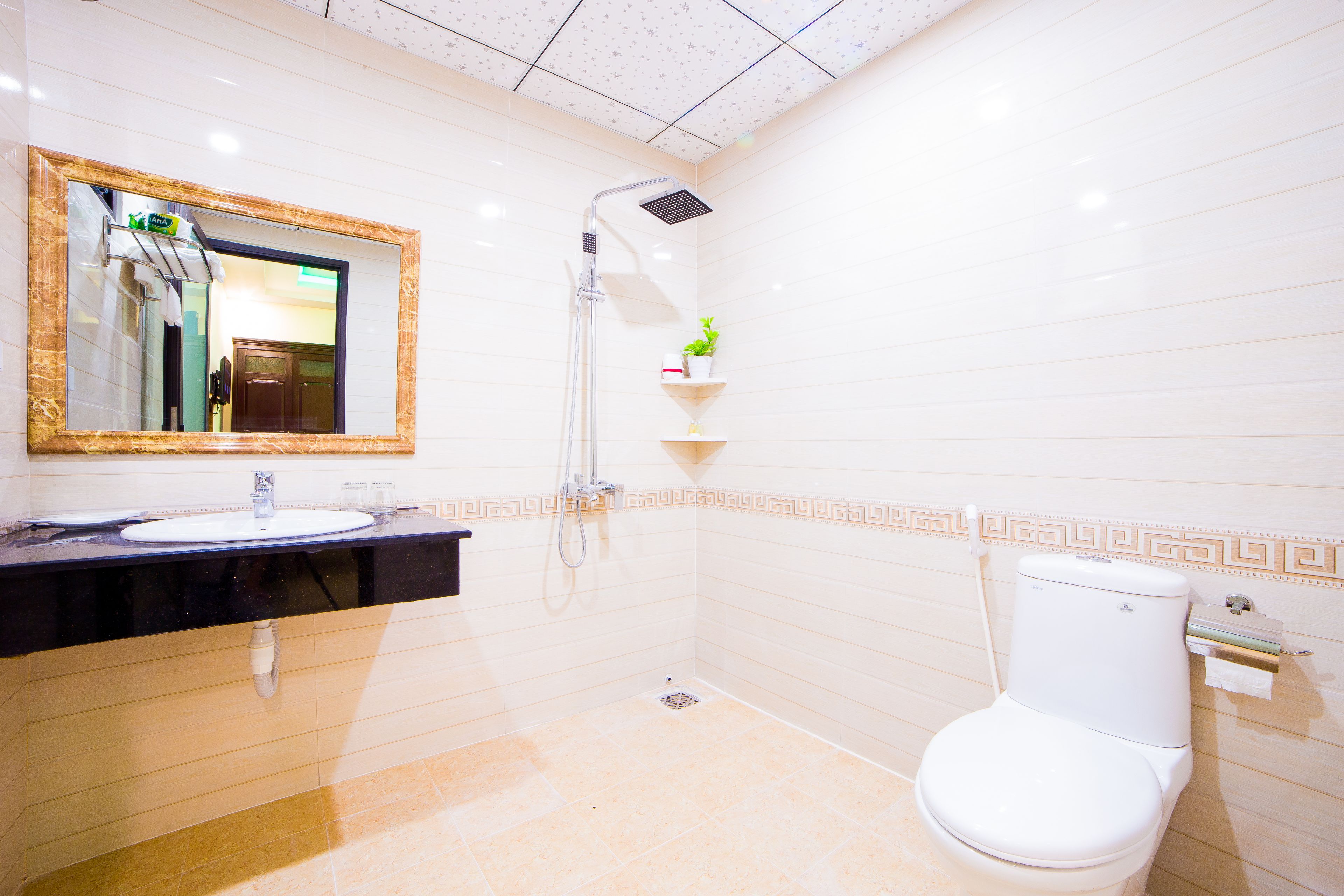 A bathroom with a sink, mirror, shower, toilet, and decorative tiles.