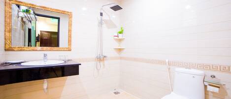 A bathroom with a sink, mirror, shower, toilet, and decorative tiles.