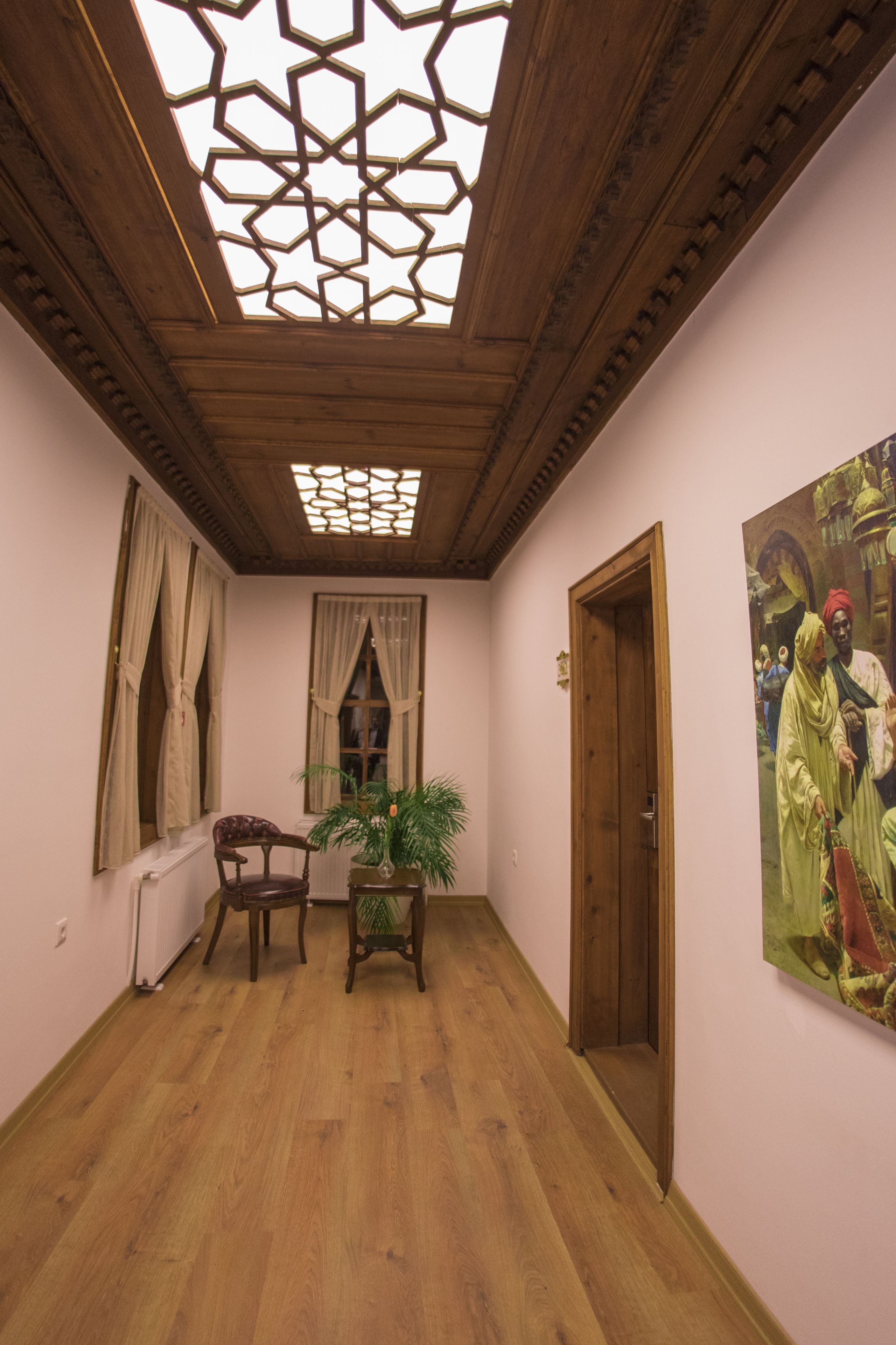 A room with wooden flooring, a wooden ceiling with a geometric skylight, a wooden door, a framed painting on the wall, and a chair with a potted plant.