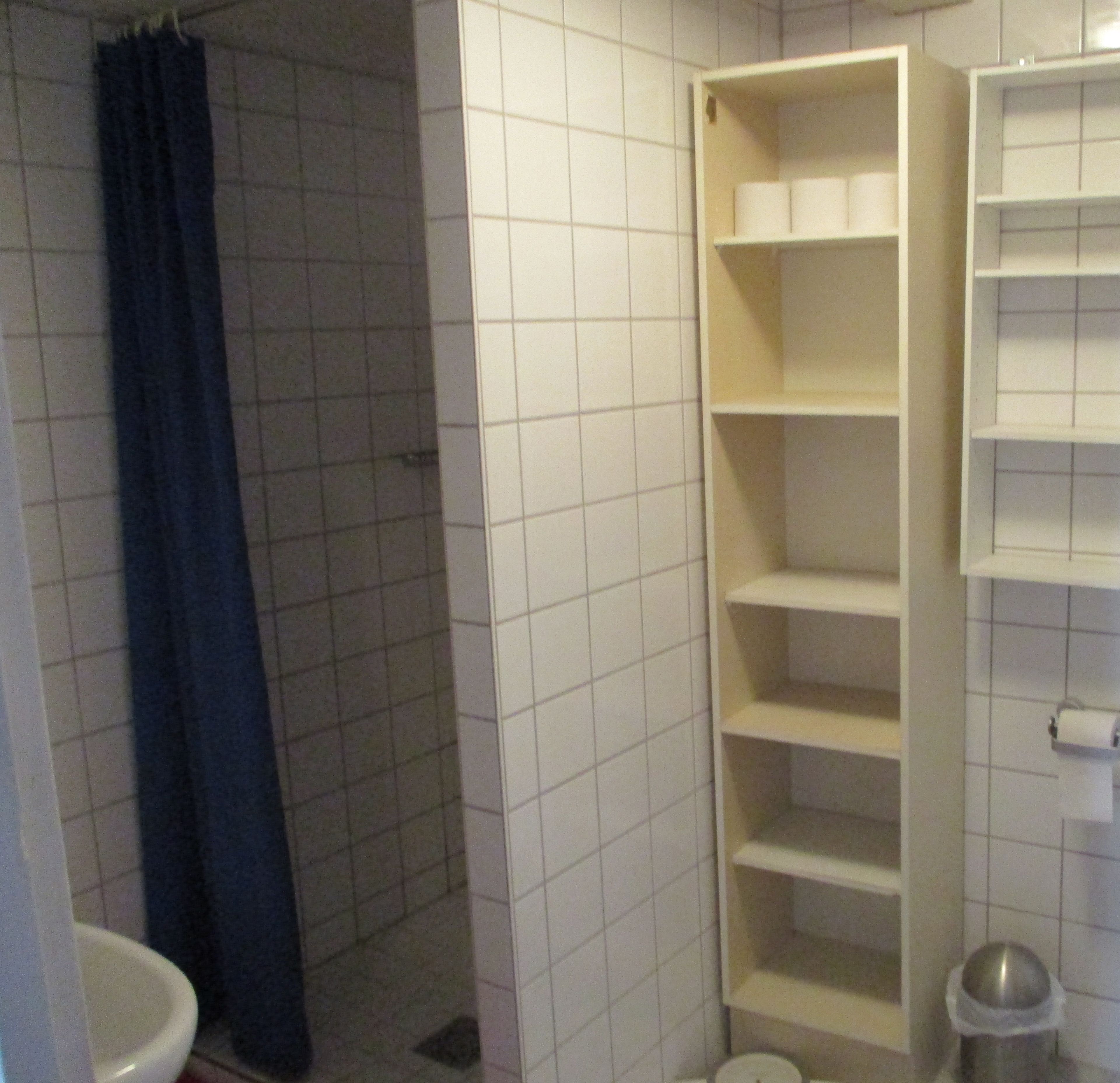 Ein Badezimmer mit Toilette, einer Dusche mit blauer Duschvorhang und einer weißen Ablage mit Toilettenpapier.
