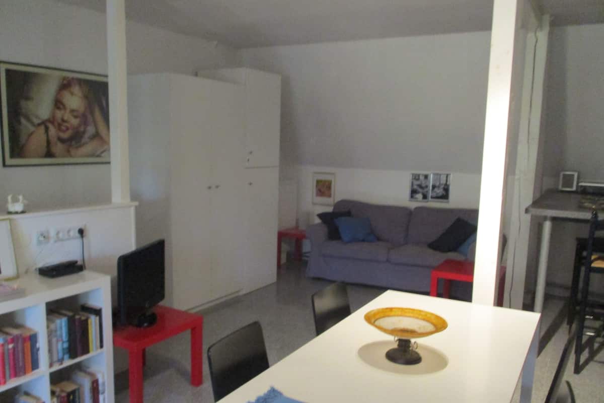 A living room with a sofa, a dining table with a lamp, a bookshelf, and a TV.