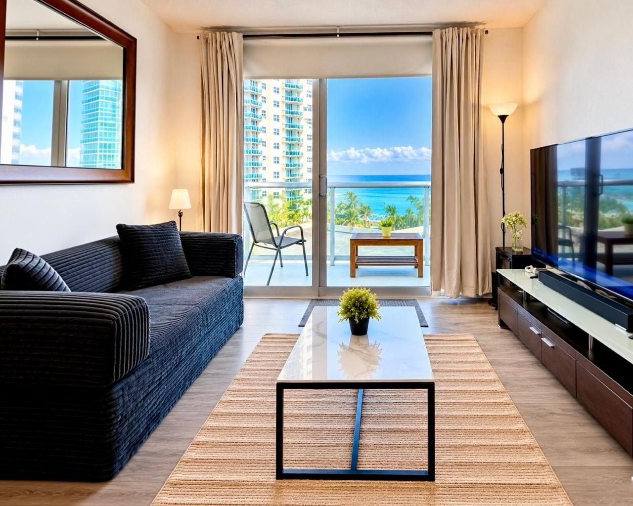 Ein modernes Wohnzimmer mit Sofa, Couchtisch, Fernseher und einem Balkon mit Blick auf das Meer und Gebäude.
