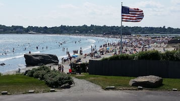 On the beach, sun-loungers, beach towels