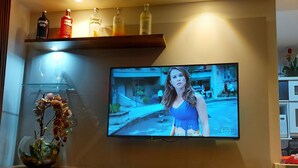 Uma televisão fixada na parede, com uma prateleira acima exibindo garrafas e um vaso com flores.