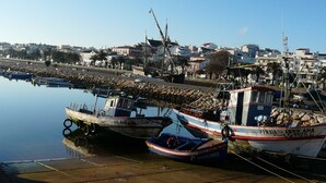 Un port où sont amarrés plusieurs bateaux, une digue rocheuse et, au loin, une vue sur la ville.