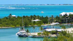 A marina with boats docked, surrounded by palm trees and a beach.