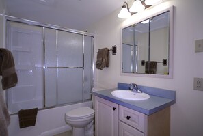 Bañera con ducha, secador de pelo, toallas