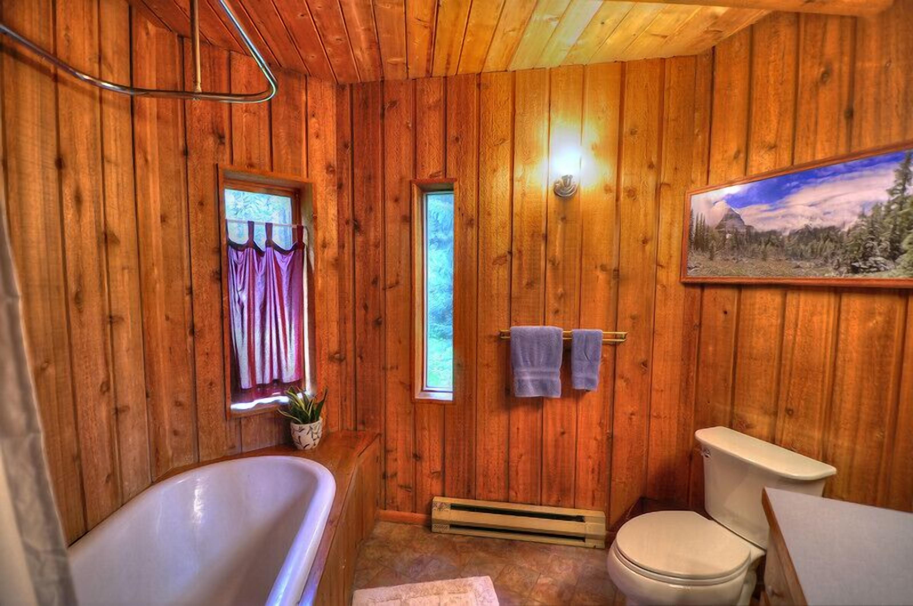 Baño de cabaña de madera con bañera, inodoro y ventana con cortinas.