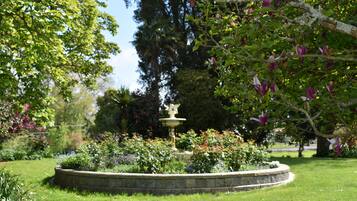 Un jardin avec une fontaine centrale, entouré de diverses plantes et arbres en fleurs.