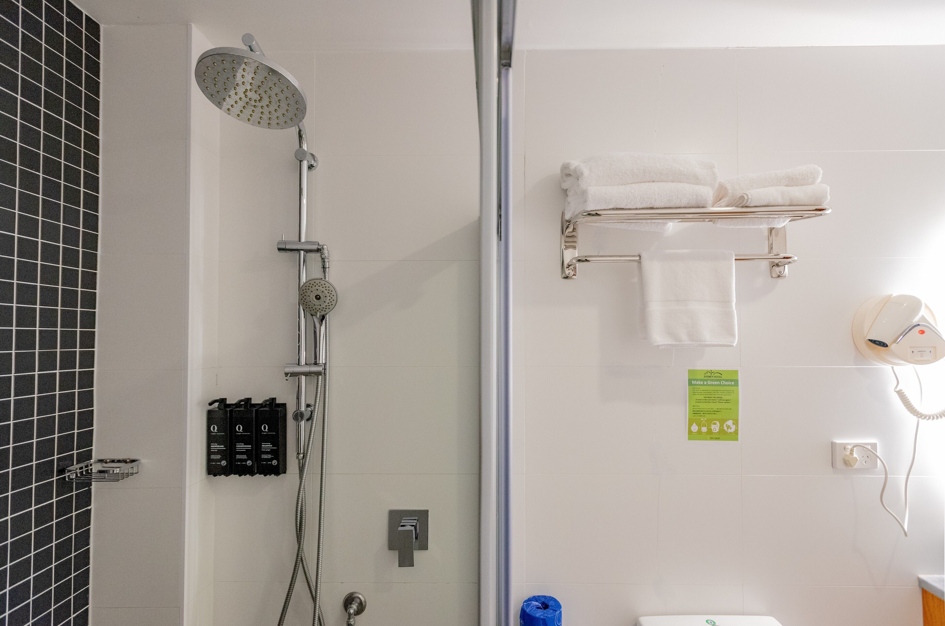 shower, rainfall showerhead, free toiletries, hair dryer