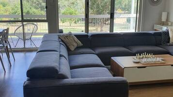 Tv, eldstad, dvd-spelare och ett bordtennisbord
