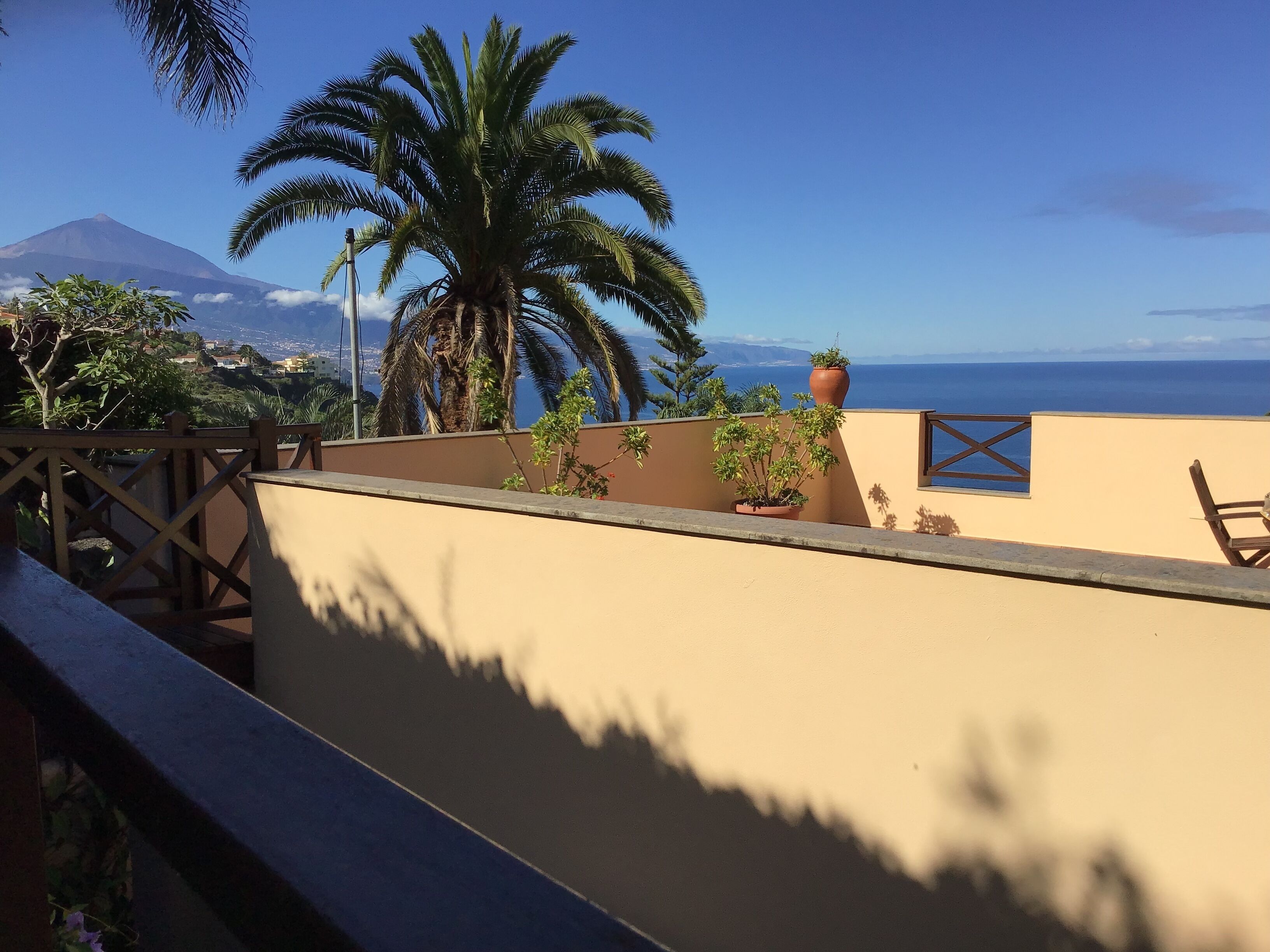 A terrace with a view of a mountain, palm trees, and a clear sky.