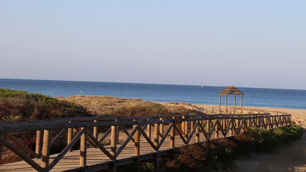Un muelle de madera que conduce a una playa con una pequeña construcción de madera.
