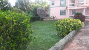 A well-maintained lawn with a satellite dish, a small bush, and a building with a balcony in the background. - Large home for retreat and family vacation (Mandeville)
