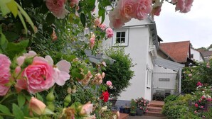 Un jardín con un edificio blanco al fondo.