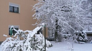 Asuinrakennus, jossa on useita ikkunoita, ja etualalla lumipeitteinen puu.