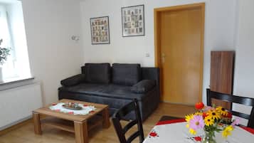 Flachbildfernseher, DVD-Player, Bücher, Videothek