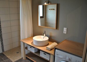Regadera, secadora de cabello, papel de baño 
