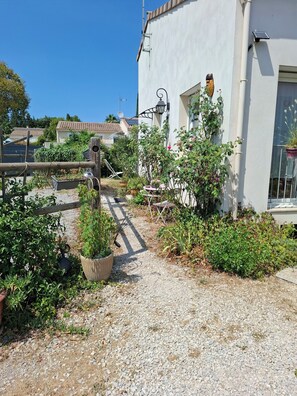 A residential garden with a gravel path, potted plants, and a wooden fence. - At the gates of the Camargue  (Clarensac)