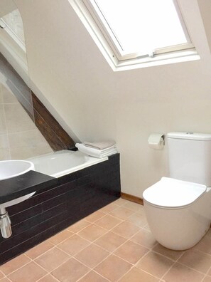 A modern bathroom with a bathtub, a sink, and a toilet. - Air conditioned duplex in a 19th century mansion centrally located with parking (Tours)