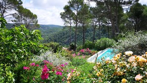 A lush garden with a variety of flowers and trees, a swimming pool, and a view of a hilly landscape. - L 'OLIVADE LARGE RECENT VILLA WITH PANORAMIC VIEW  (Entrecasteaux)