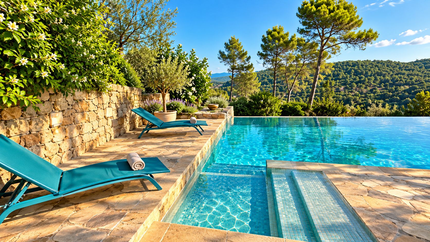 A swimming pool with clear blue water, surrounded by stone walls and green plants.