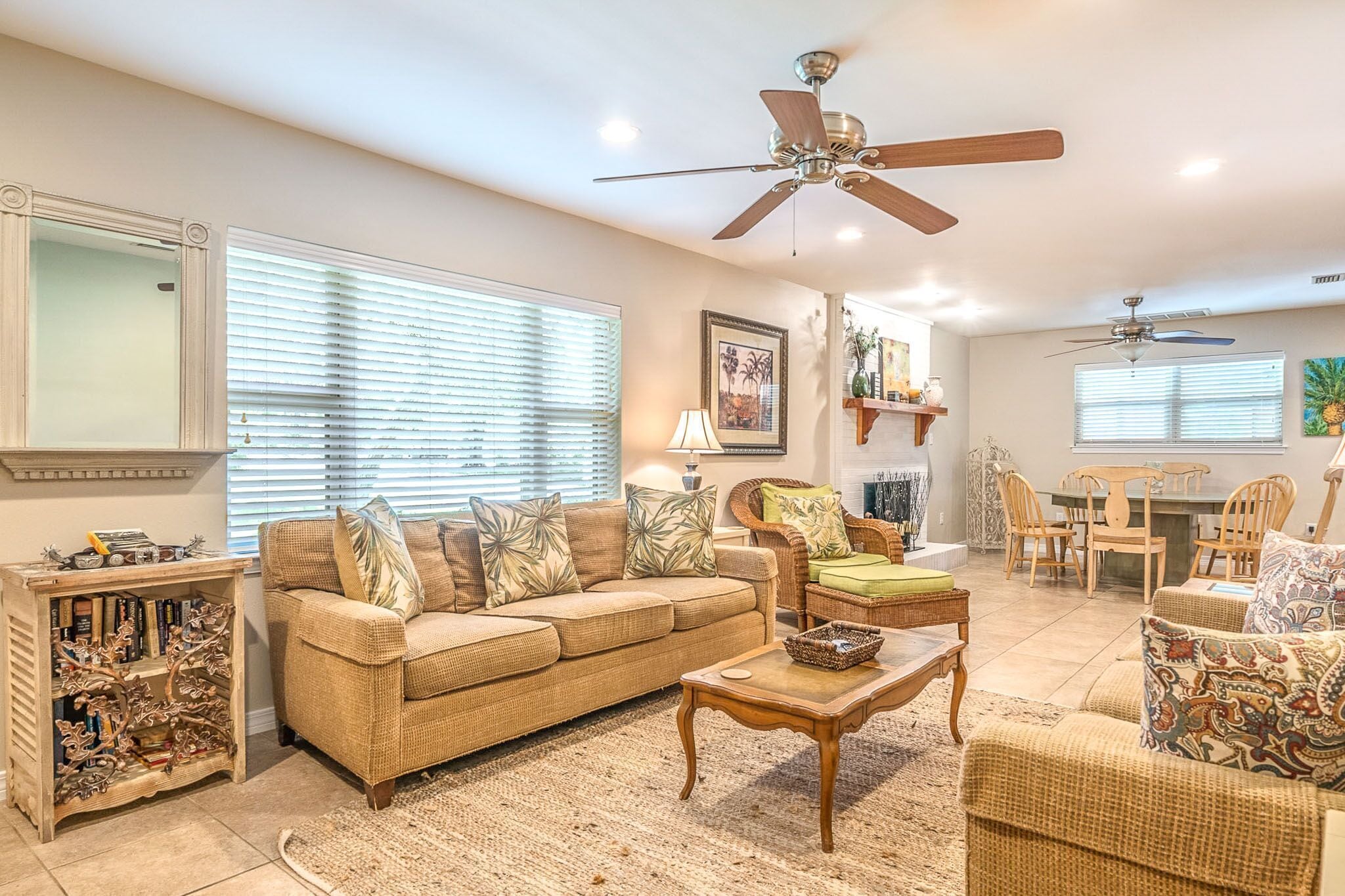 Télévision, cheminée, lecteur de DVD, livres