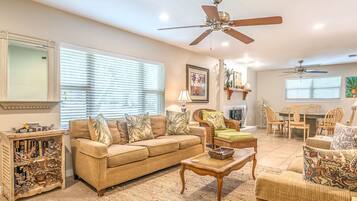 Télévision, cheminée, lecteur de DVD, livres