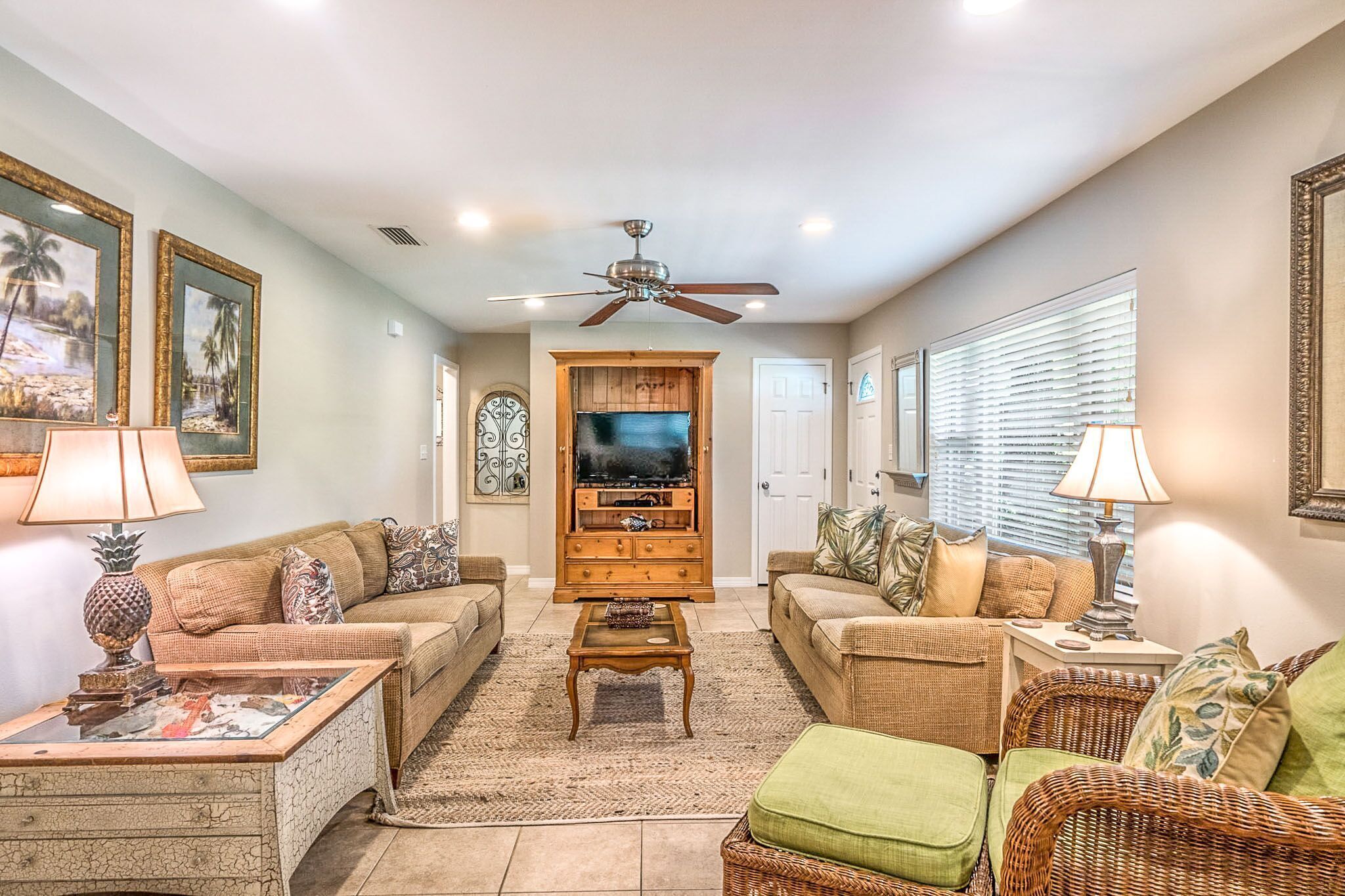 Télévision, cheminée, lecteur de DVD, livres