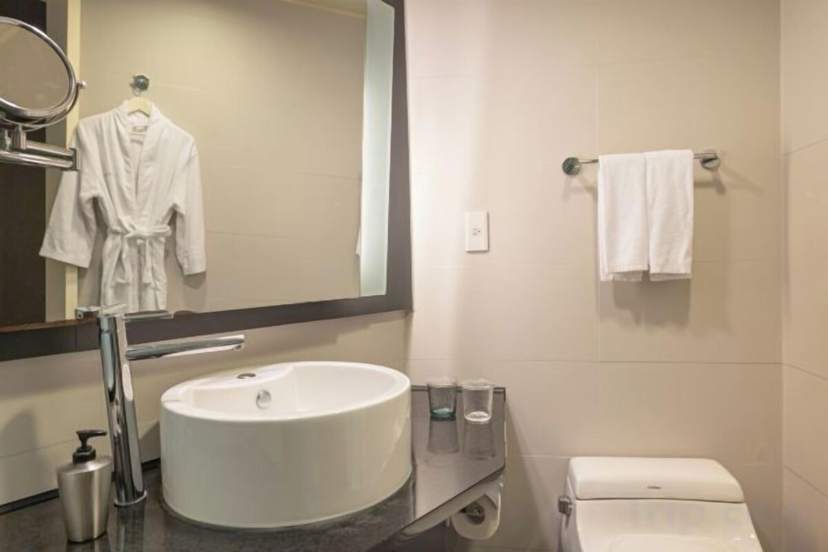 Hair dryer, towels, soap, shampoo