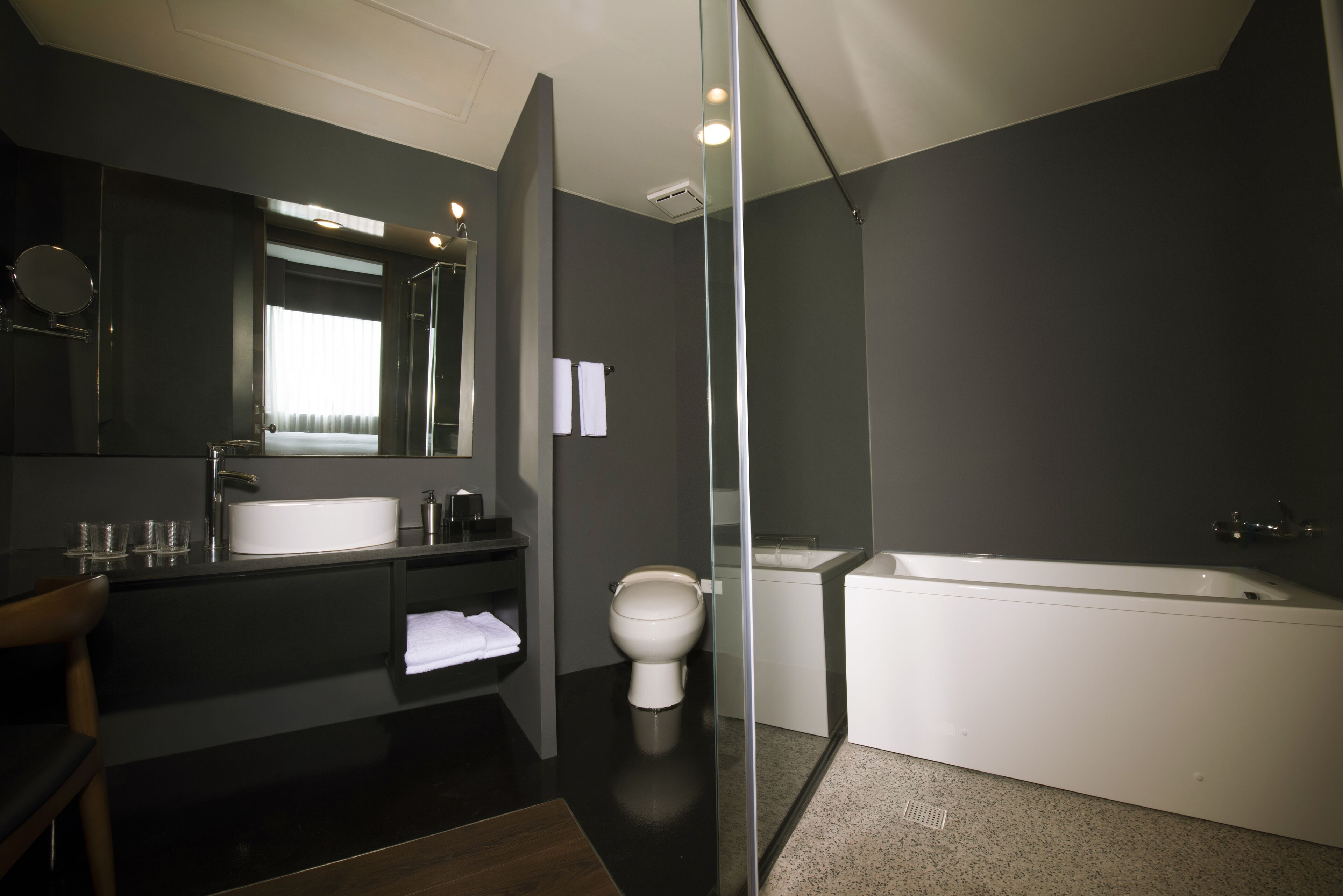 A modern bathroom with a glass-enclosed shower, a white bathtub, and a large mirror above the sink.