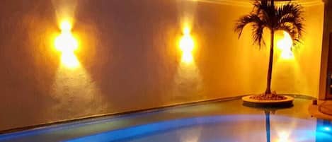 Outdoor pool, pool umbrellas, pool loungers