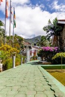 Un camino pavimentado que conduce a un edificio con banderas, rodeado de vegetación tropical y una montaña al fondo.