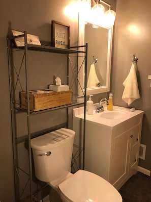 Kombination af bruser/badekar, hårtørrer, håndklæder, Sæbe