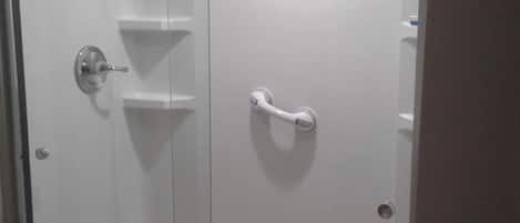 Combined shower/tub, towels, soap, shampoo