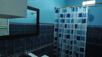 Un baño con cortina de ducha azul y blanca a cuadros, un lavabo blanco y un inodoro negro.