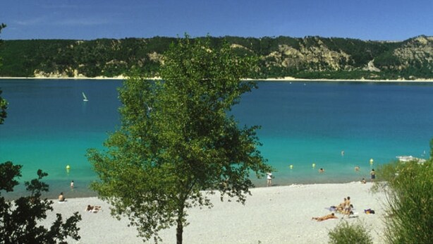 A beach with clear turquoise water, a sandy shore, and a tree in the foreground. - Camping Domaine De Chanteraine (Aiguines)