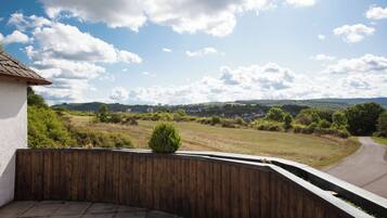 A view from a balcony overlooking a rural landscape with a curved road, greenery, and distant buildings.
