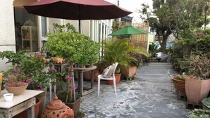 Un estrecho sendero empedrado bordeado de macetas con plantas y muebles de exterior, que conduce a la entrada de un edificio.