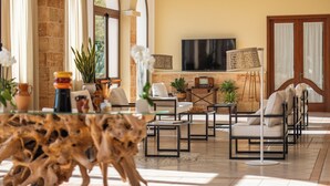 A spacious living area with a fireplace, comfortable seating, and a television. - Montecallini Hotel - Adults Only (Patu)