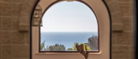 Un ventanal enmarco con vistas al mar y a los árboles.