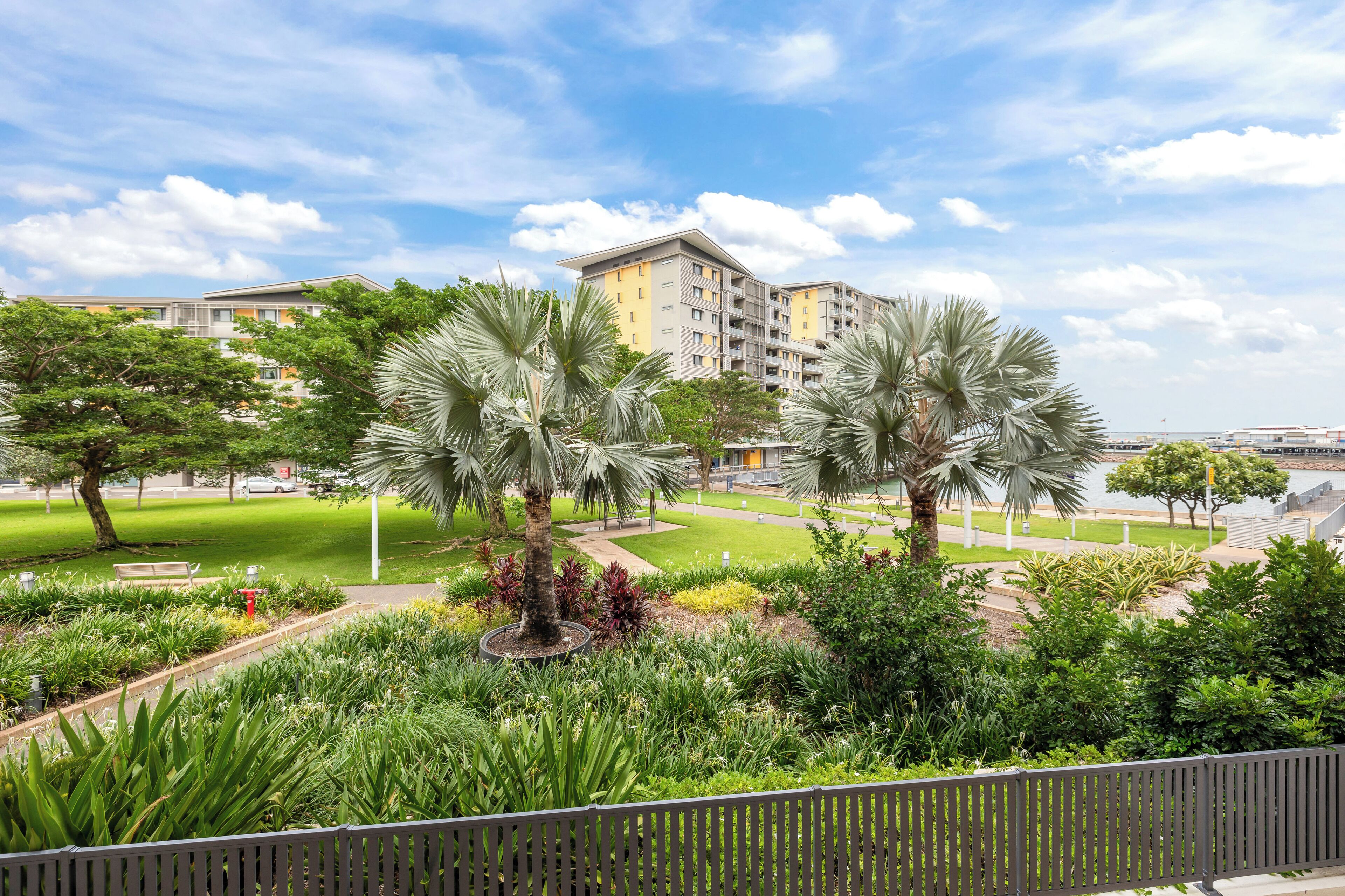 A landscaped courtyard with palm trees, a pathway, and a building in the background.