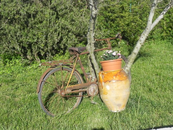 A rusty bicycle leaning against a tree with a large, weathered pot beside it. - Resort Pietra Bianca (Noci)
